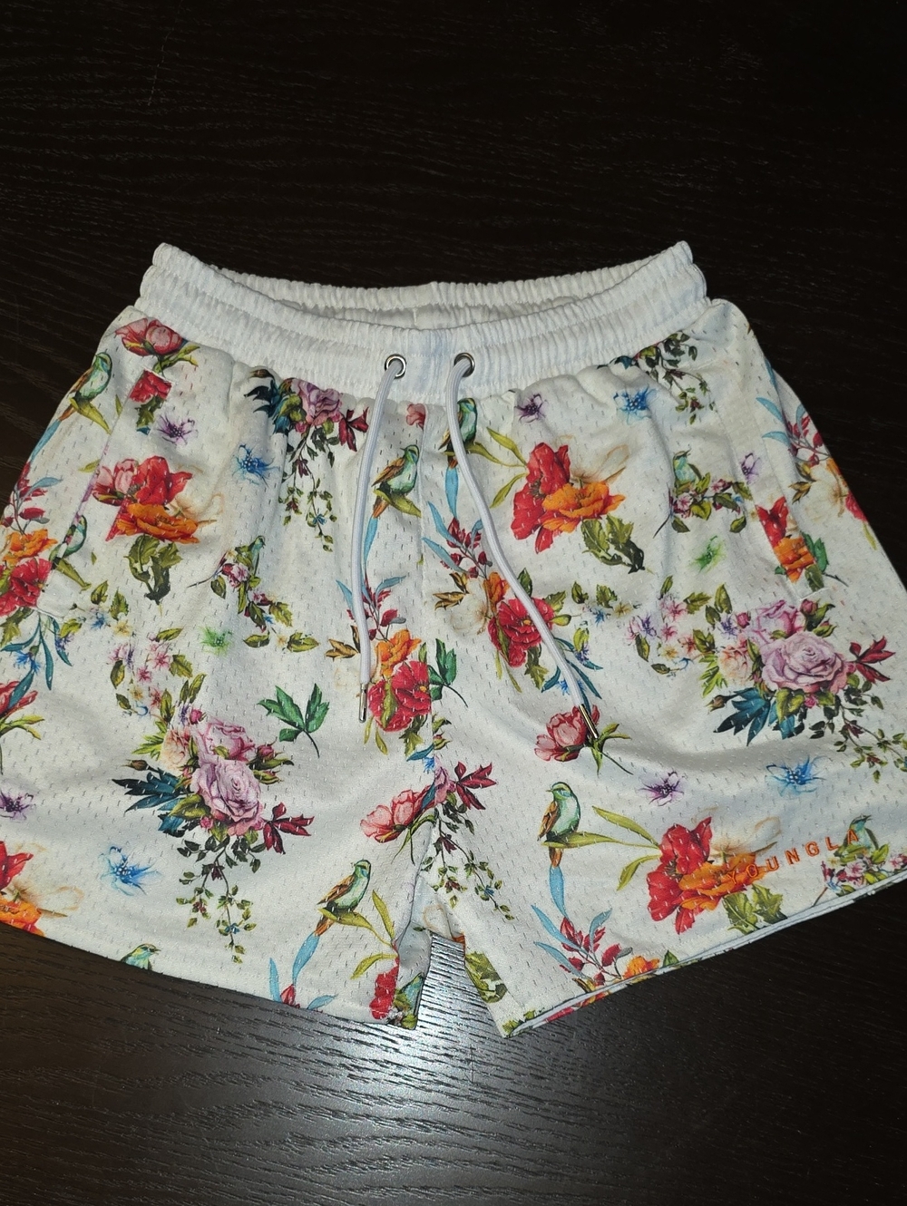 YoungLA  Mens White Floral Athletic Shorts with Multicolor Print